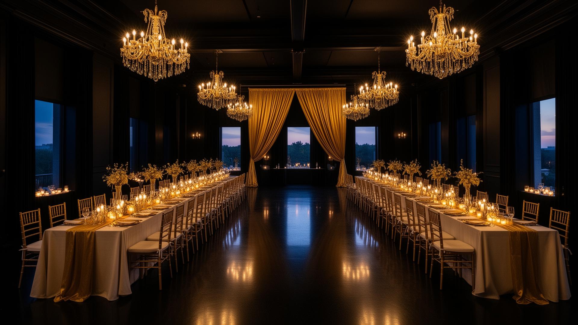 DLT Legacy Hall ballroom set for an elegant evening event